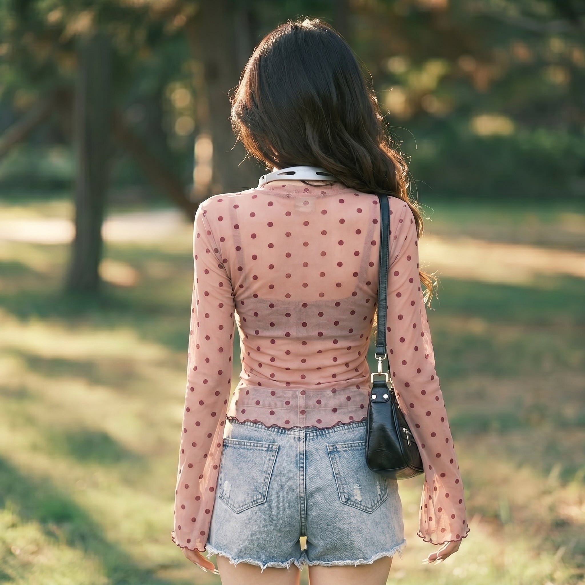 The PULAM Y2K Retro Polka Dot Sheer Mesh Top - Flare Sleeve Lettuce-Edge Romantic Blouse