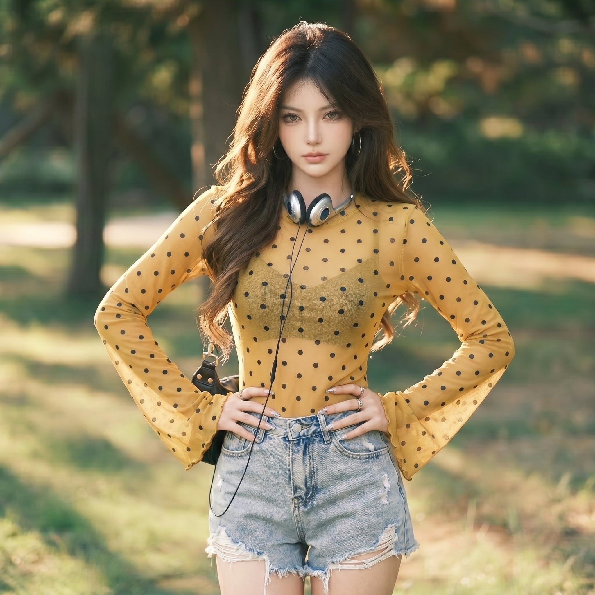The PULAM Y2K Retro Polka Dot Sheer Mesh Top -  Wicking Activewear Flare Sleeve Lettuce-Edge Romantic Blouse Moisture