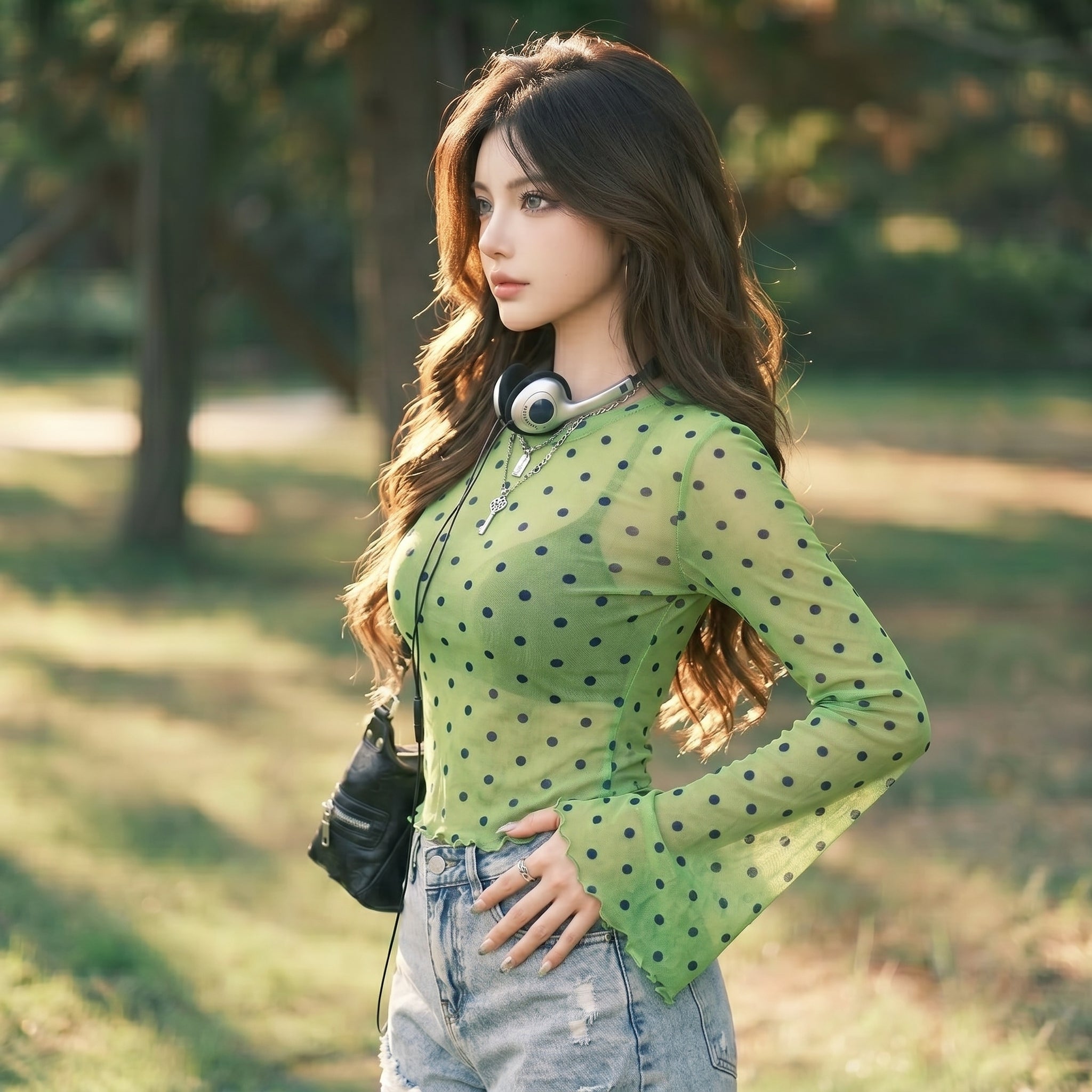 The PULAM Y2K Retro Polka Dot Sheer Mesh Top - Flare Sleeve Lettuce-Edge Romantic Blouse