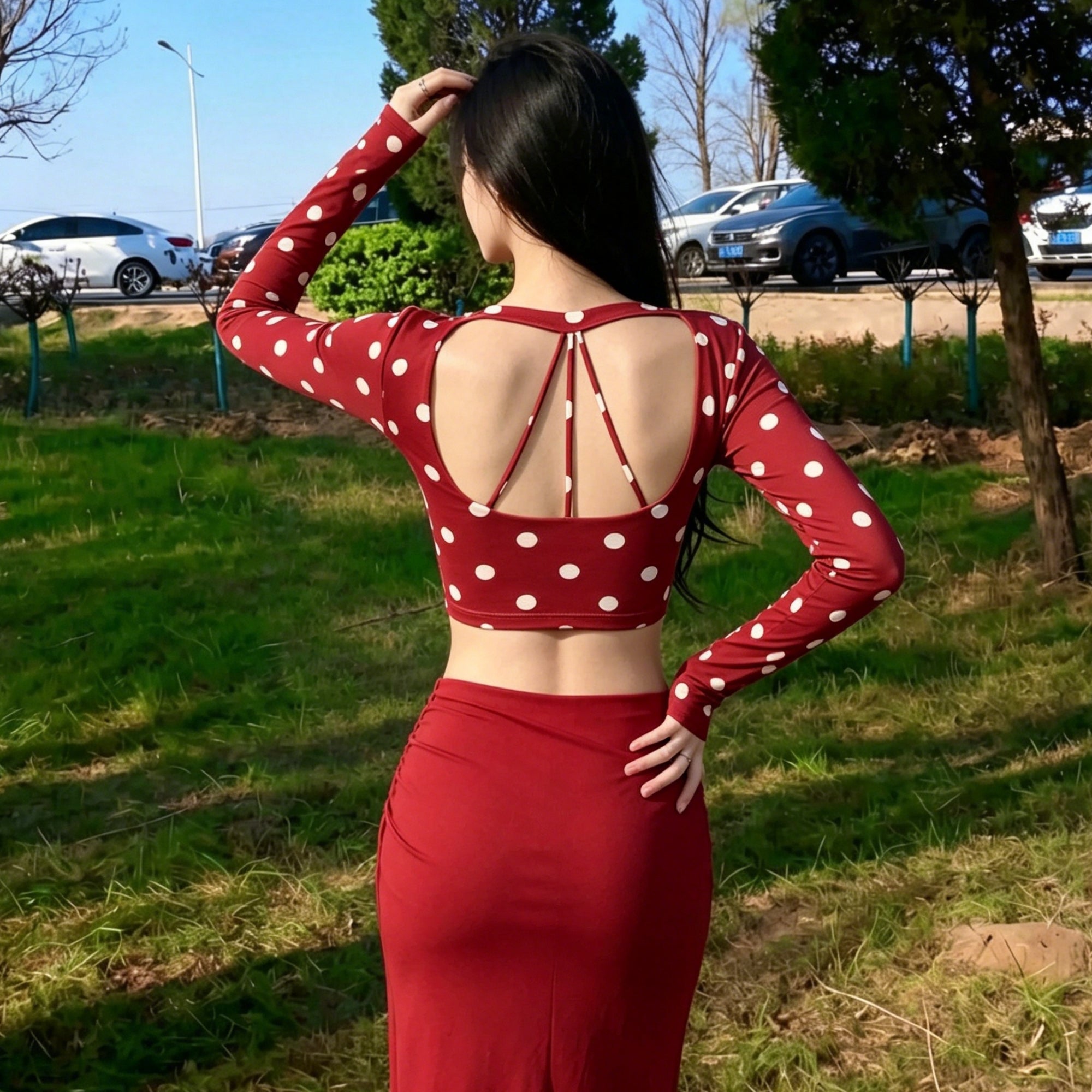 The PULAM Retro Polka Dot Open-Back Sculpting Workout Clothes Crop Top - Faux-Wrap Front Strappy Criss-Cross Long Sleeve