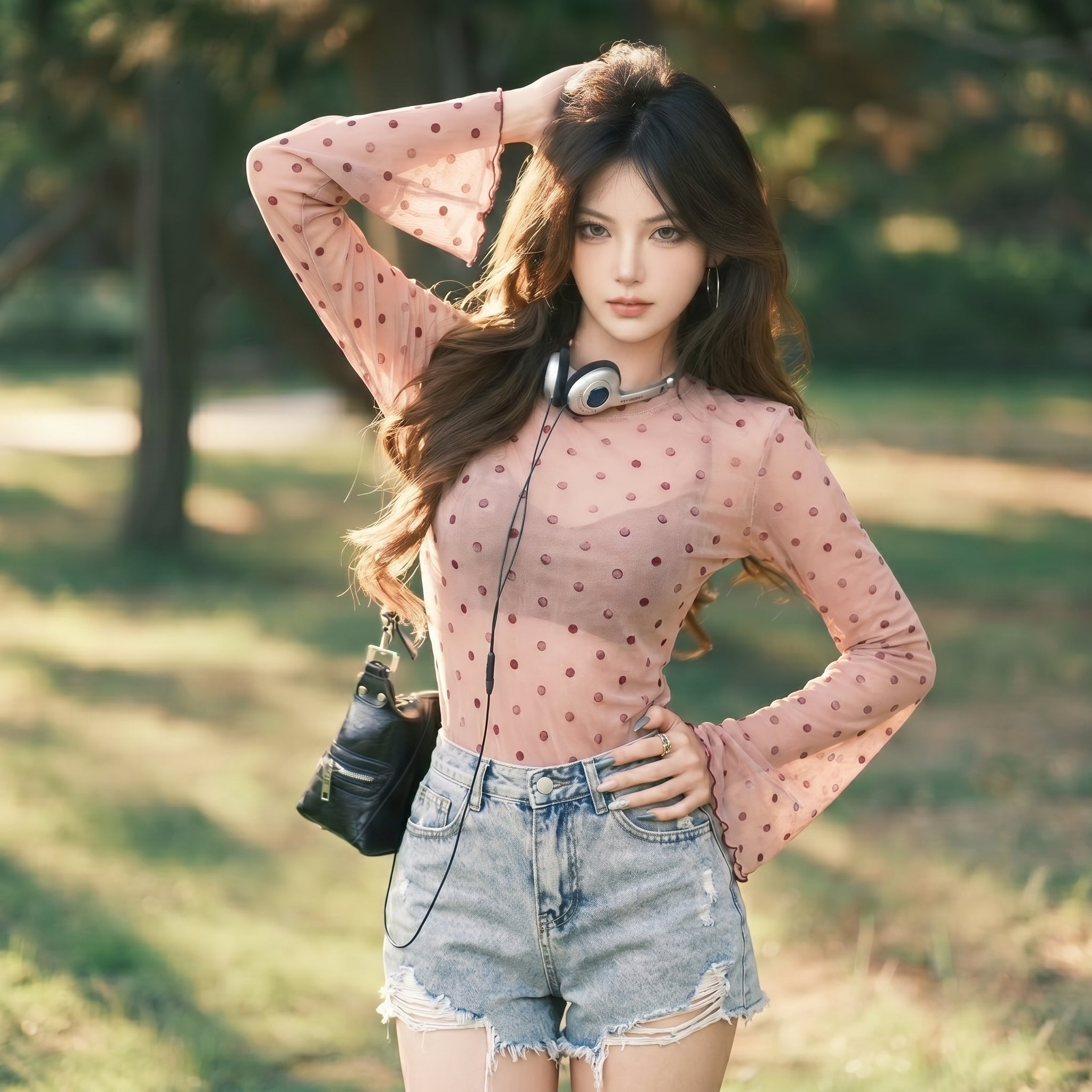 The PULAM Y2K Retro Polka Dot Sheer Mesh Top -  Wicking Activewear Flare Sleeve Lettuce-Edge Romantic Blouse Moisture