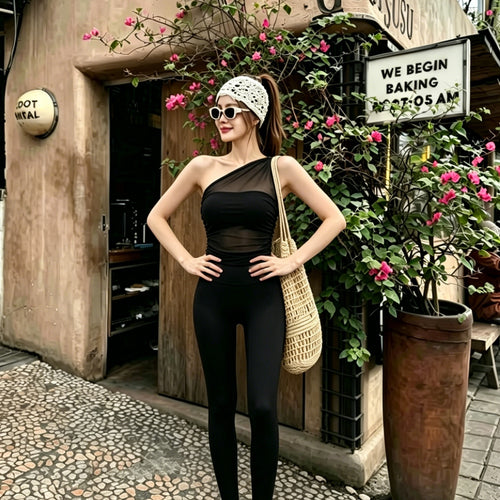 PULAM 2-Piece Activewear Set - Long Sleeve Crop Top & High-Waisted Biker Shorts with Contouring Seams