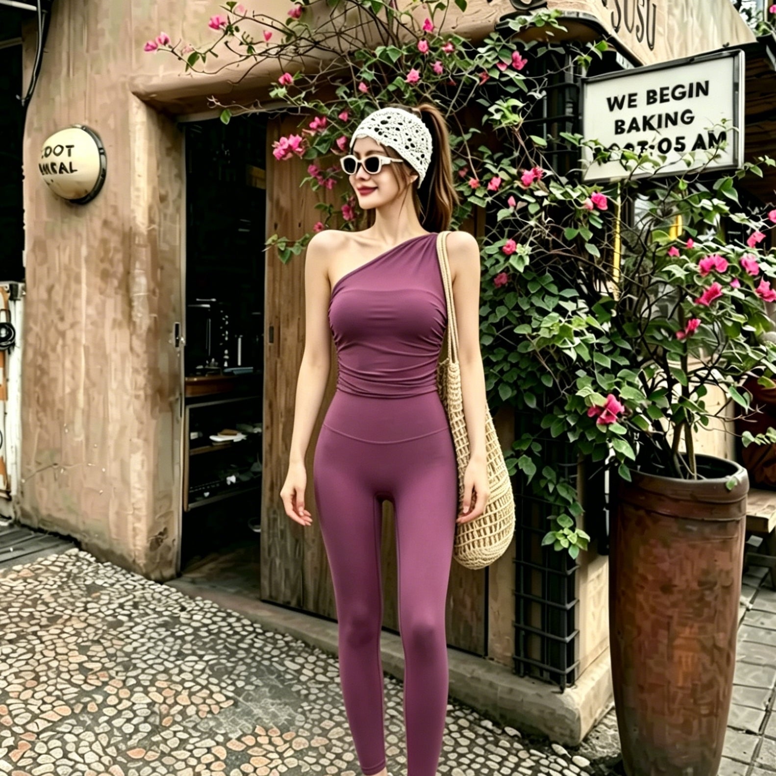 PULAM 2-Piece Activewear Set - Long Sleeve Crop Top & High-Waisted Biker Shorts with Contouring Seams