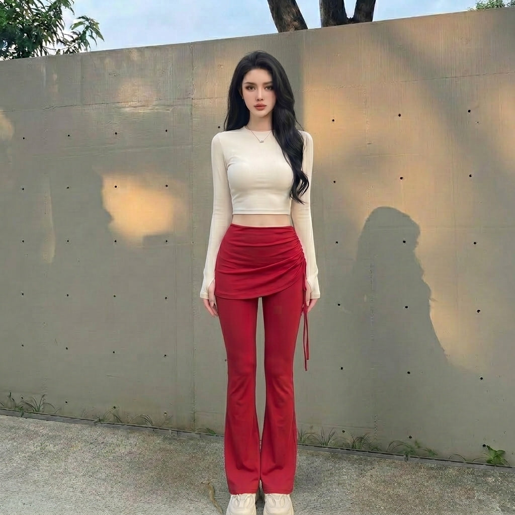 THE PULAM 2-in-1 Skirted Flare Leggings - High-Waisted Ruched Drawstring Yoga Pants