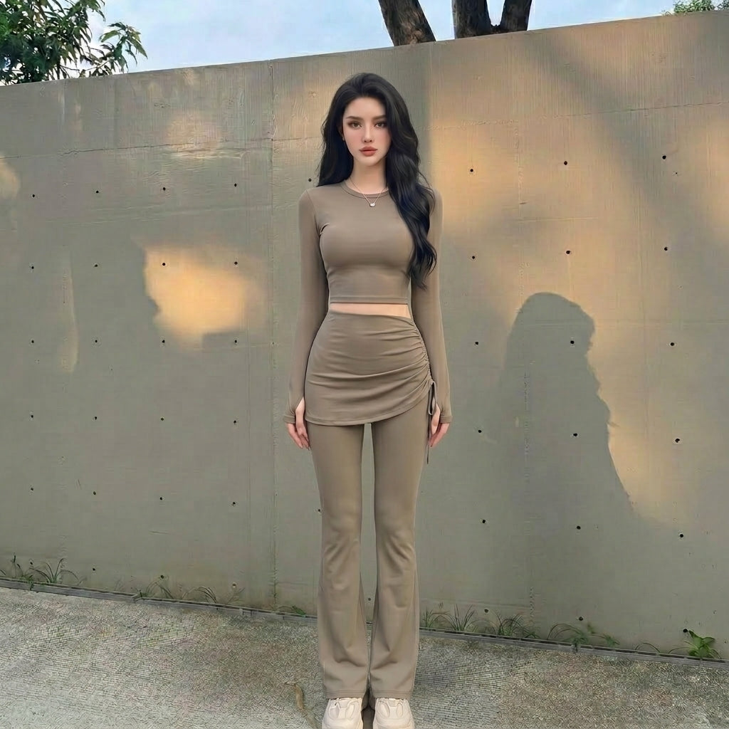 THE PULAM 2-in-1 Skirted Flare Leggings - High-Waisted Ruched Drawstring Yoga Pants