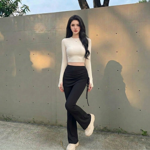 THE PULAM 2-in-1 Skirted Flare Leggings - High-Waisted Ruched Drawstring Yoga Pants