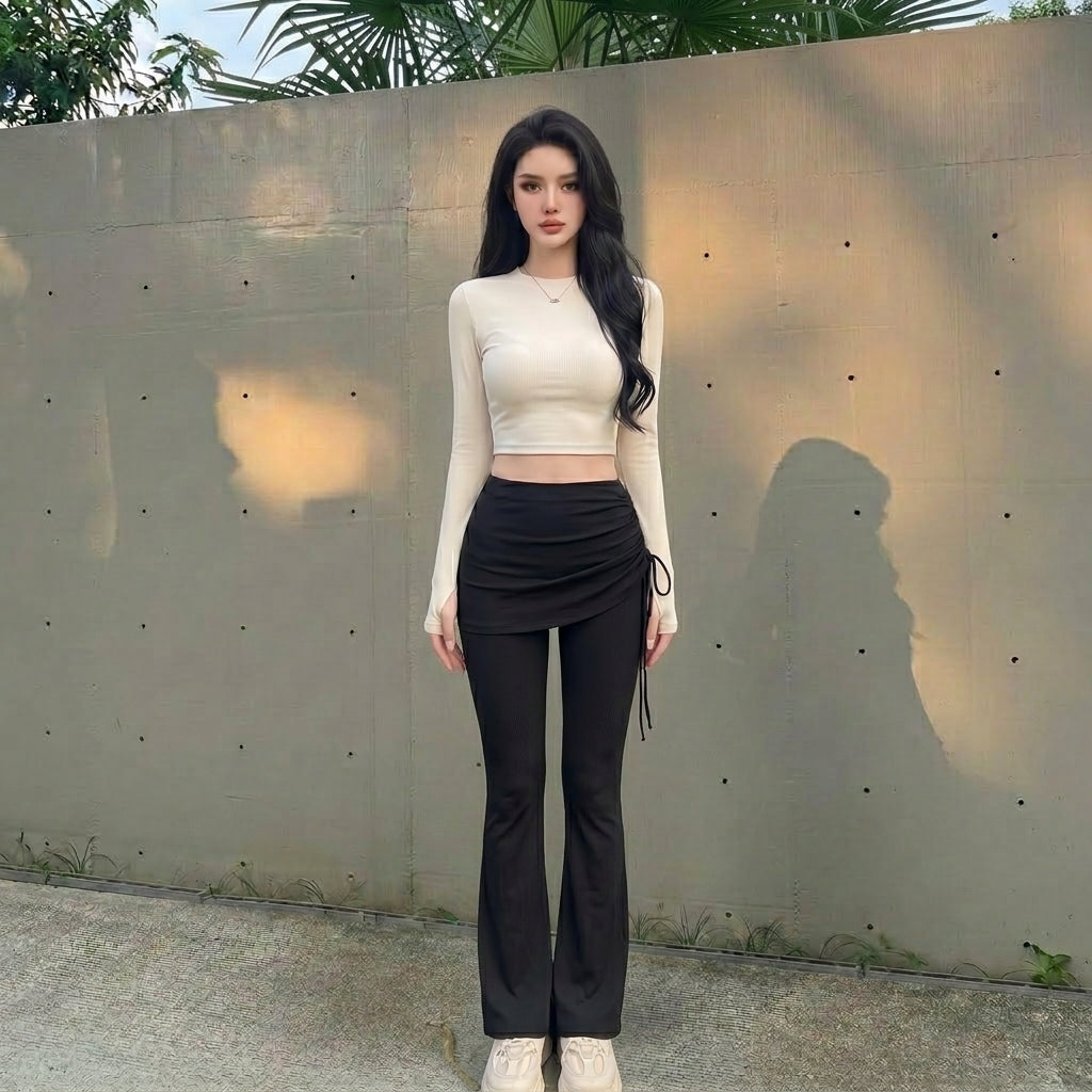 THE PULAM 2-in-1 Skirted Flare Leggings - High-Waisted Ruched Drawstring Yoga Pants