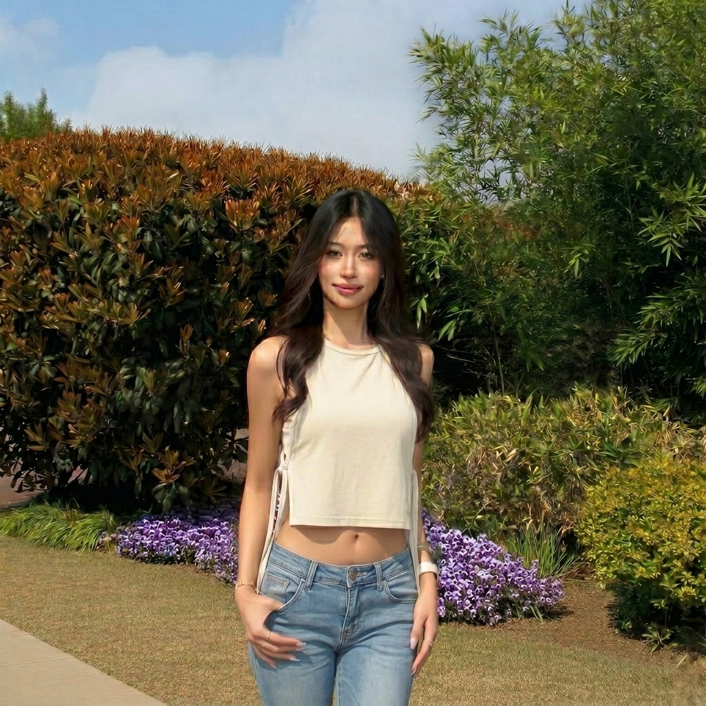 PULAM Women's White Side-Tie Sleeveless Crop Top - Minimalist Summer Tank