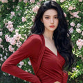 PULAM Long Sleeve Cross-Front Wrap Crop Top - Ruched Sweetheart V-Neck Yoga Top