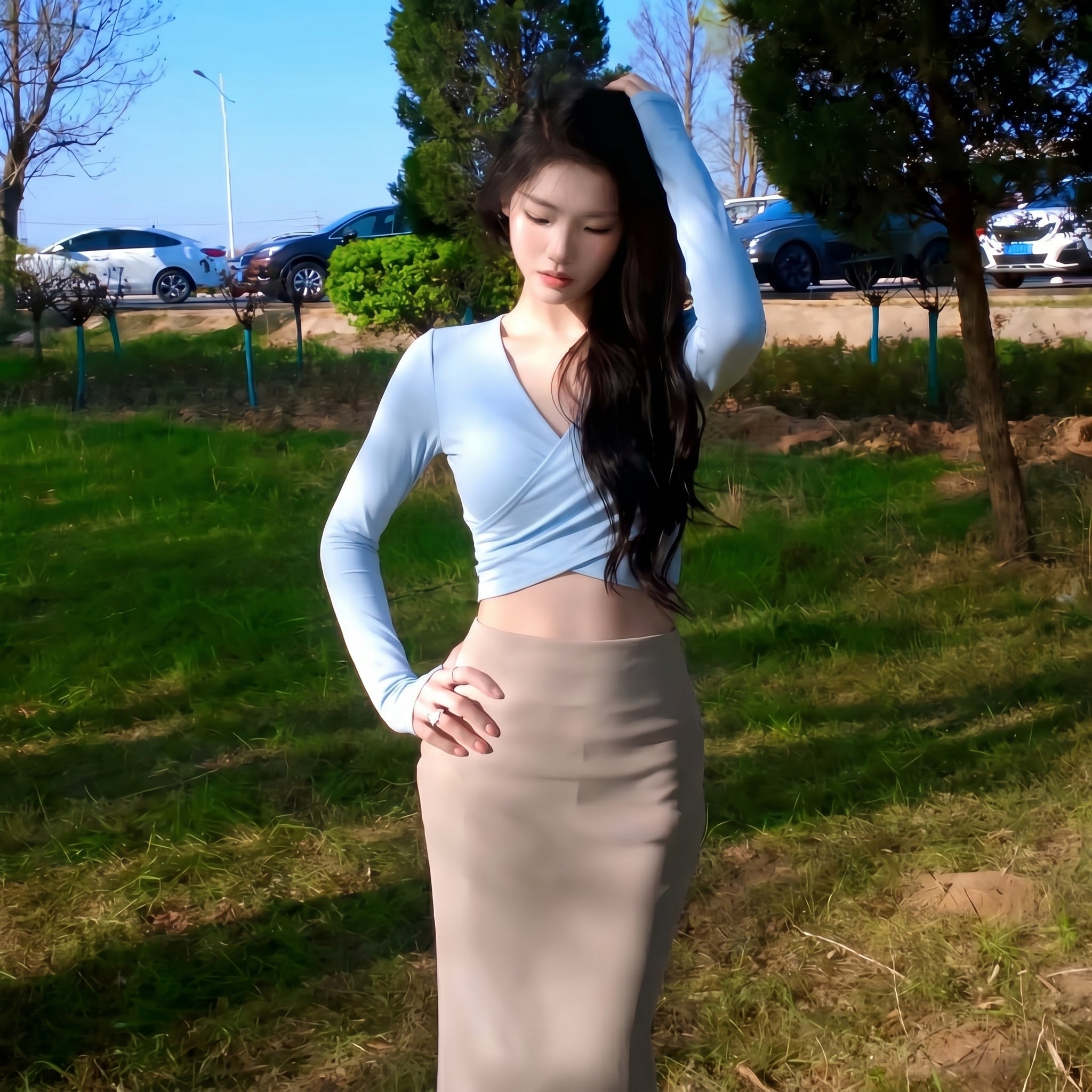 The PULAM Deep V-Neck Wrap Sculpting Workout Clothes Crop Top - Flattering Criss-Cross Long Sleeve Tee