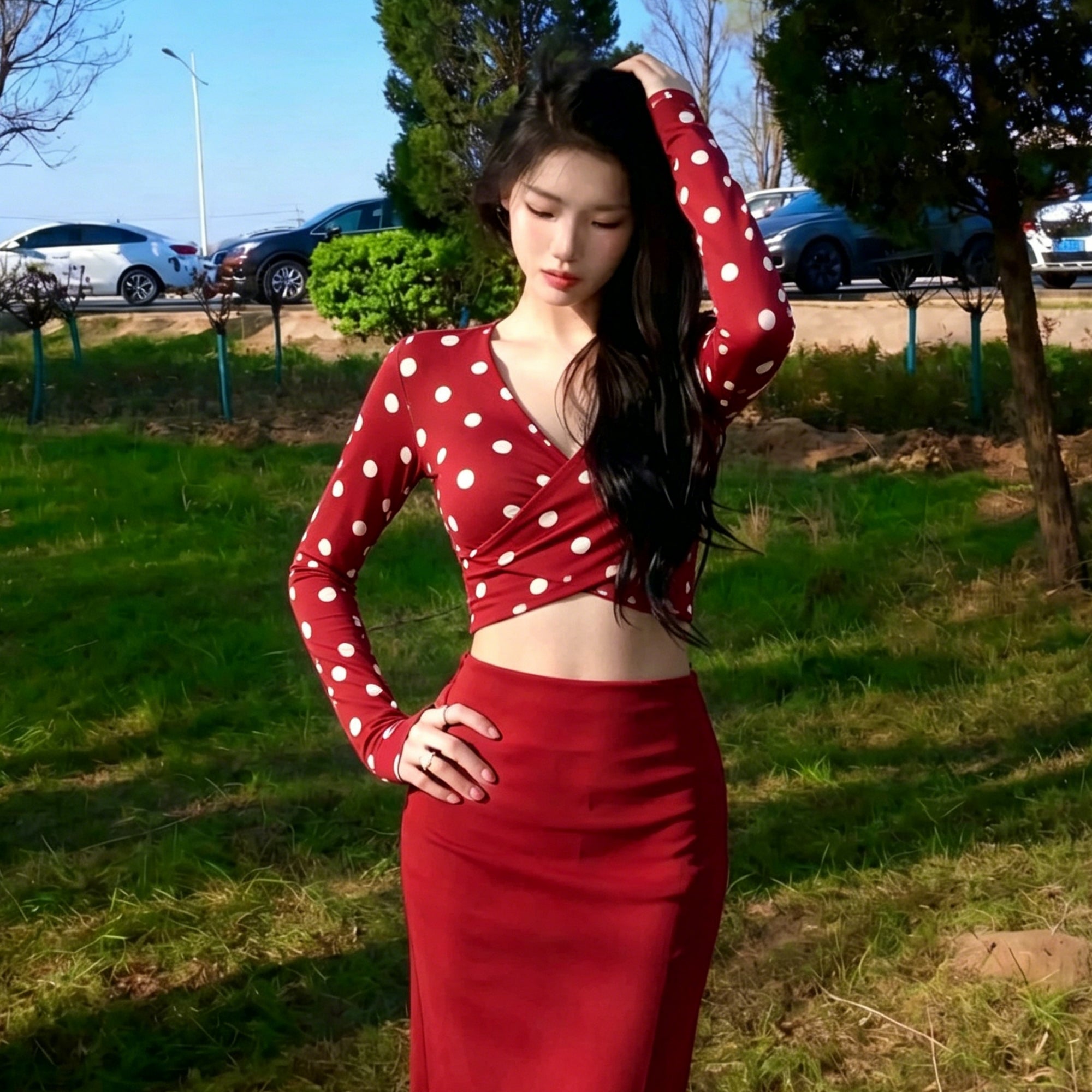The PULAM Retro Polka Dot Open-Back Crop Top - Faux-Wrap Front Strappy Criss-Cross Long Sleeve