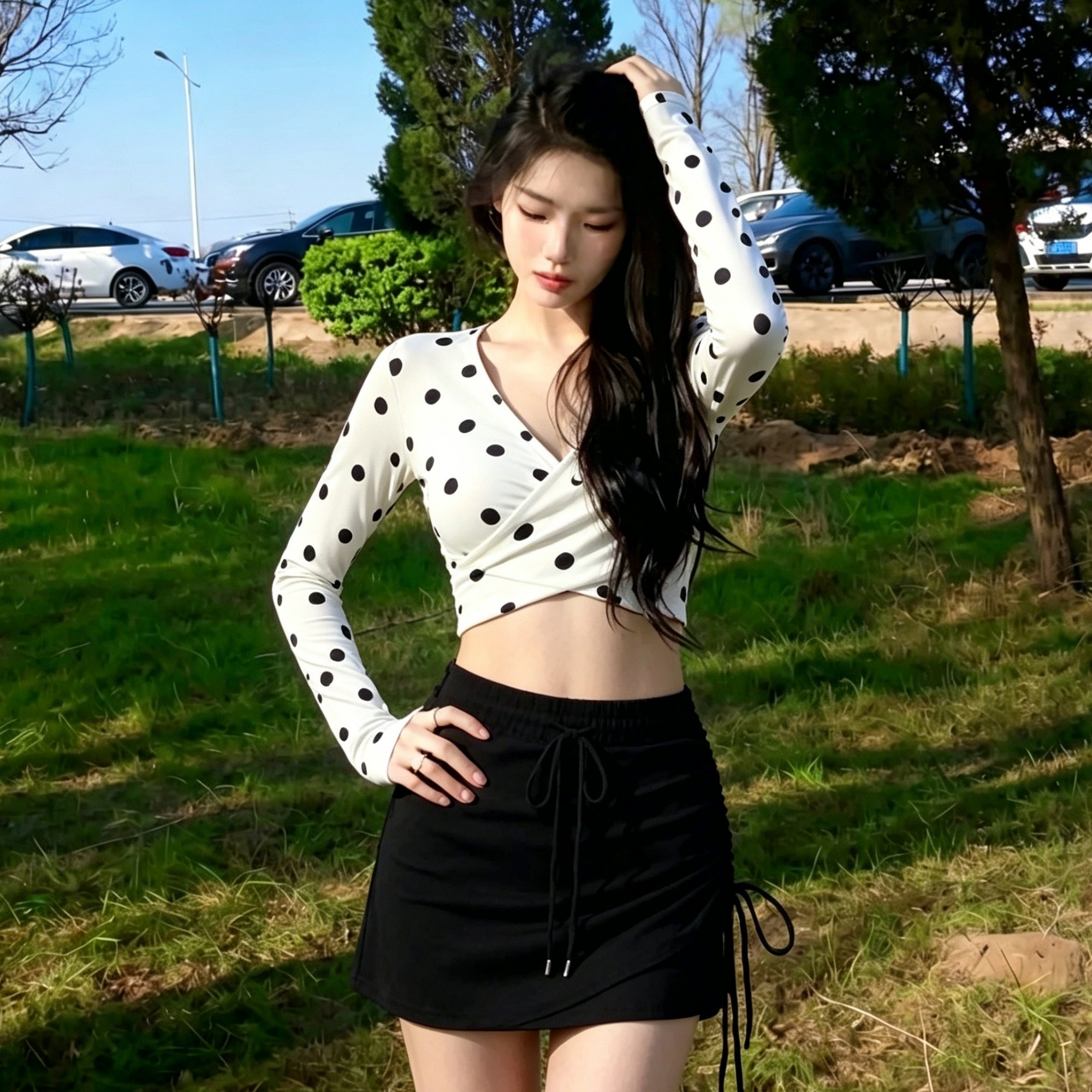 The PULAM Retro Polka Dot Open-Back Crop Top - Faux-Wrap Front Strappy Criss-Cross Long Sleeve